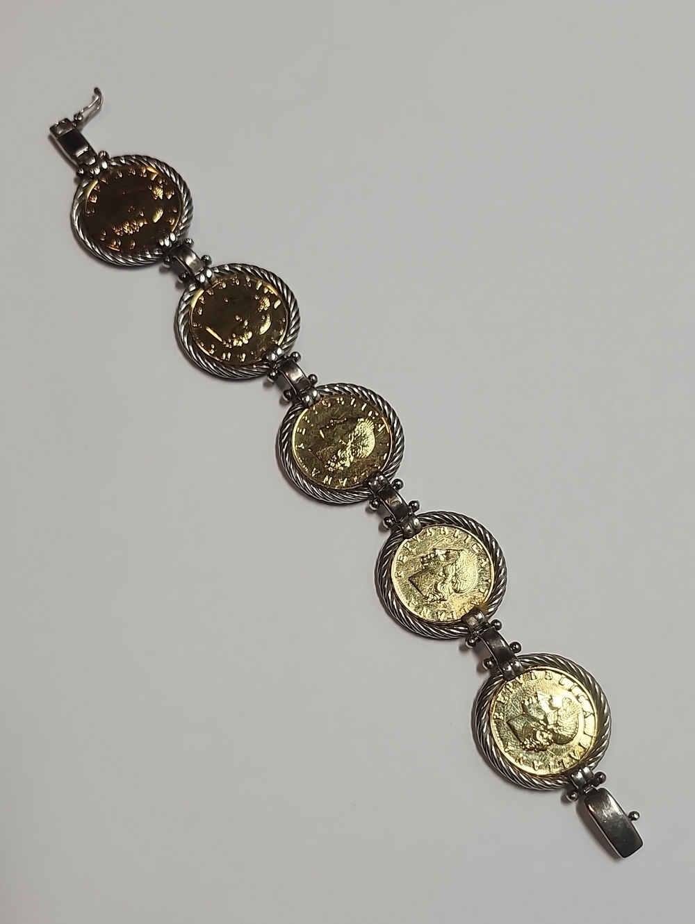 Sterling Silver 925 and Gold Plated Italian Lire Coin Bracelet